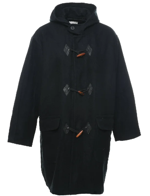 Hooded Black Duffle Coat - L Tweed Herringbone Houndstooth