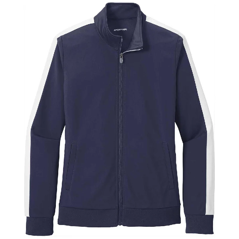 Sport-Tek Women's True Navy/White Tricot Track Jacket Stand-Up Collar Roll-Neck Collar Turtle Neck Sport-Tek Women's True Navy/White Tricot Track Jacket Stand-Up Collar Roll-Neck Collar Turtle Neck
