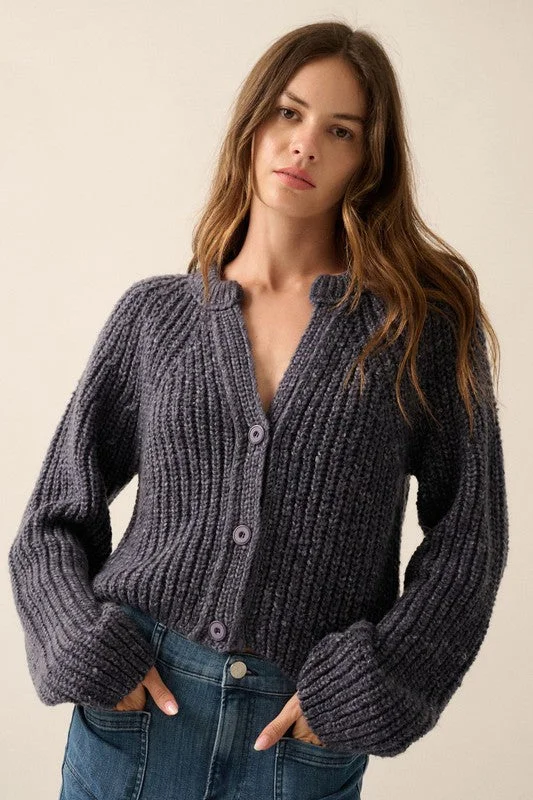 The Cara Rib-Knit Cardigan Sweater Solid Print Embellished
