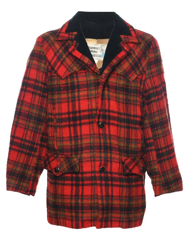 Plaid Wool Coat - M Tie-Waist Belted Drawstring