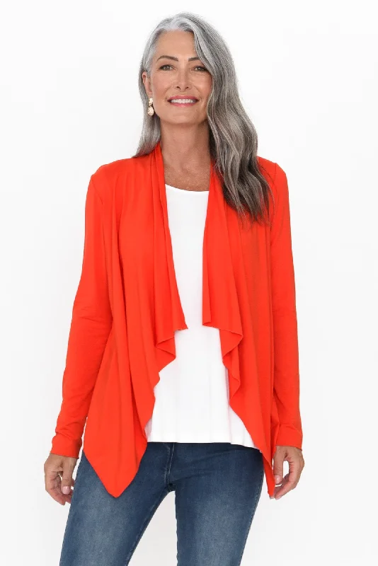Joni Red Bamboo Cardigan Tailored Straight A-Line