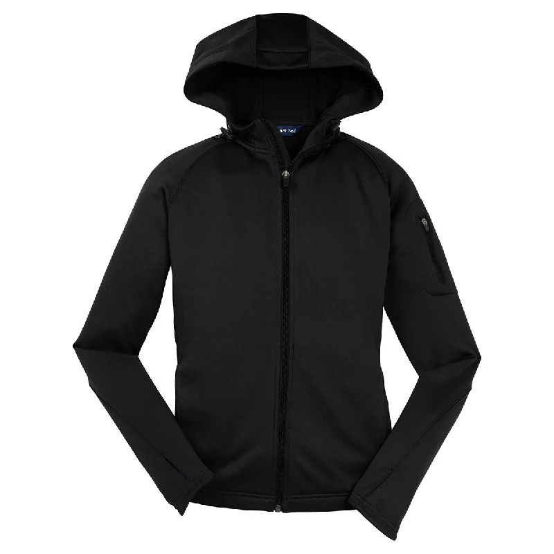 Sport-Tek Women's Black Tech Fleece Full-Zip Hooded Jacket Stand-Up Collar Roll-Neck Collar Turtle Neck Sport-Tek Women's Black Tech Fleece Full-Zip Hooded Jacket Stand-Up Collar Roll-Neck Collar Turtle Neck