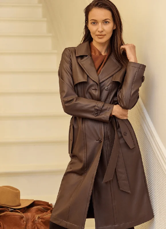 Cielo Vegan Leather Trench Coat | Dark Mocha Striped Polka Dot Solid