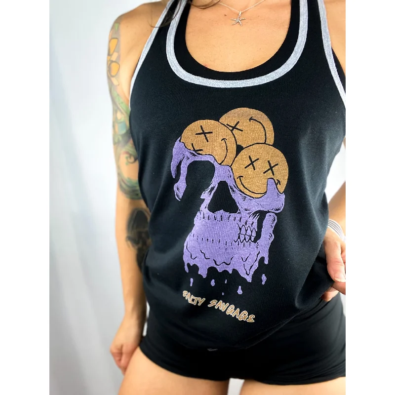 Salty Savage Ladies "Happy Thoughts" Two Tone Racerback Tank | Black/Gray/Purple vintage tank top