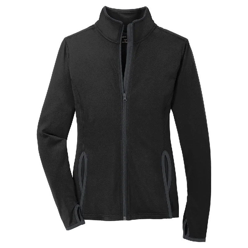 Sport-Tek Women's Black/Charcoal Grey Sport-Wick Stretch Contrast Full-Zip Jacket Notch Collar Peter Pan Collar Cowl Neck Sport-Tek Women's Black/Charcoal Grey Sport-Wick Stretch Contrast Full-Zip Jacket Notch Collar Peter Pan Collar Cowl Neck