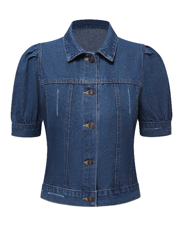 Blue 1950s Puff Sleeve Denim Cropped Coat Vest Waistcoat Gilet