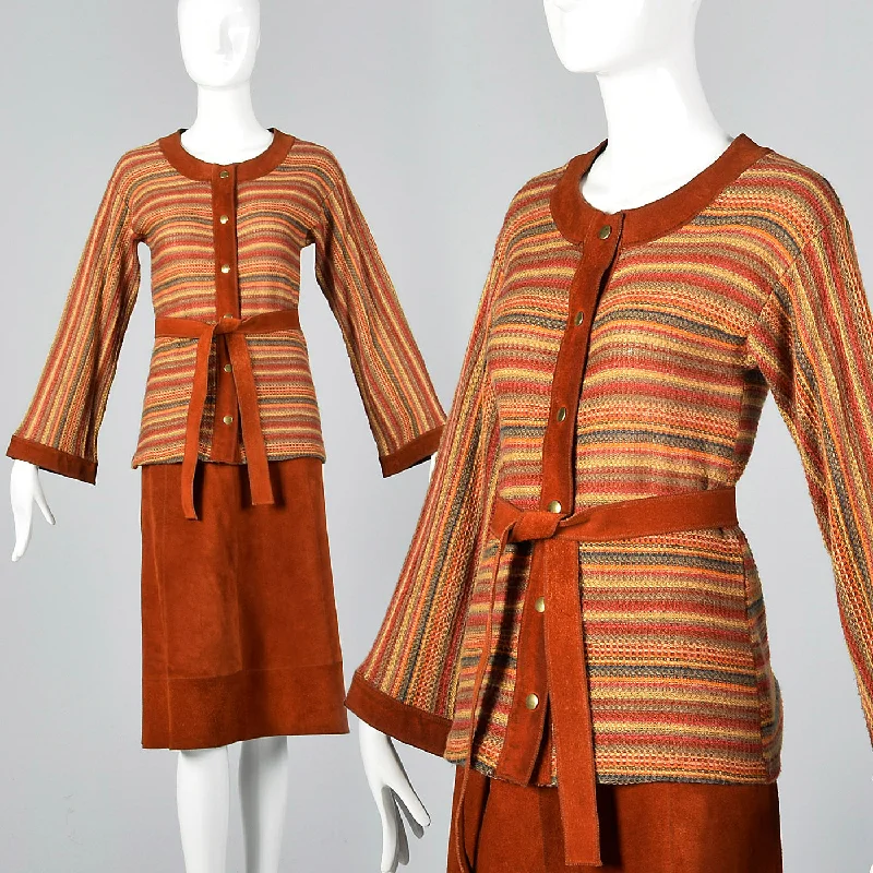 1960s Pierre Cardin Bohemian Separates Leather Skirt & Cardigan Sweater Satin Blend Silk Blend Wool Blend