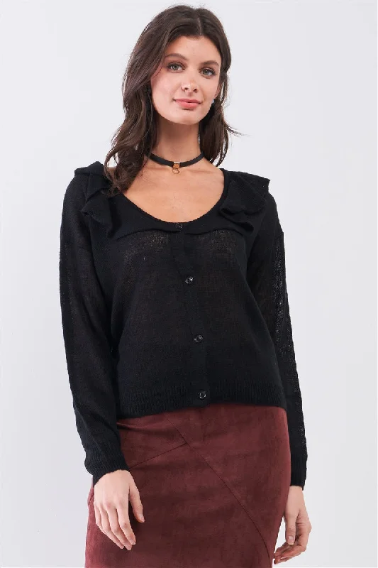 Round Neck Bertha Collar Button-front Cardigan in Black Thin Thick Dense