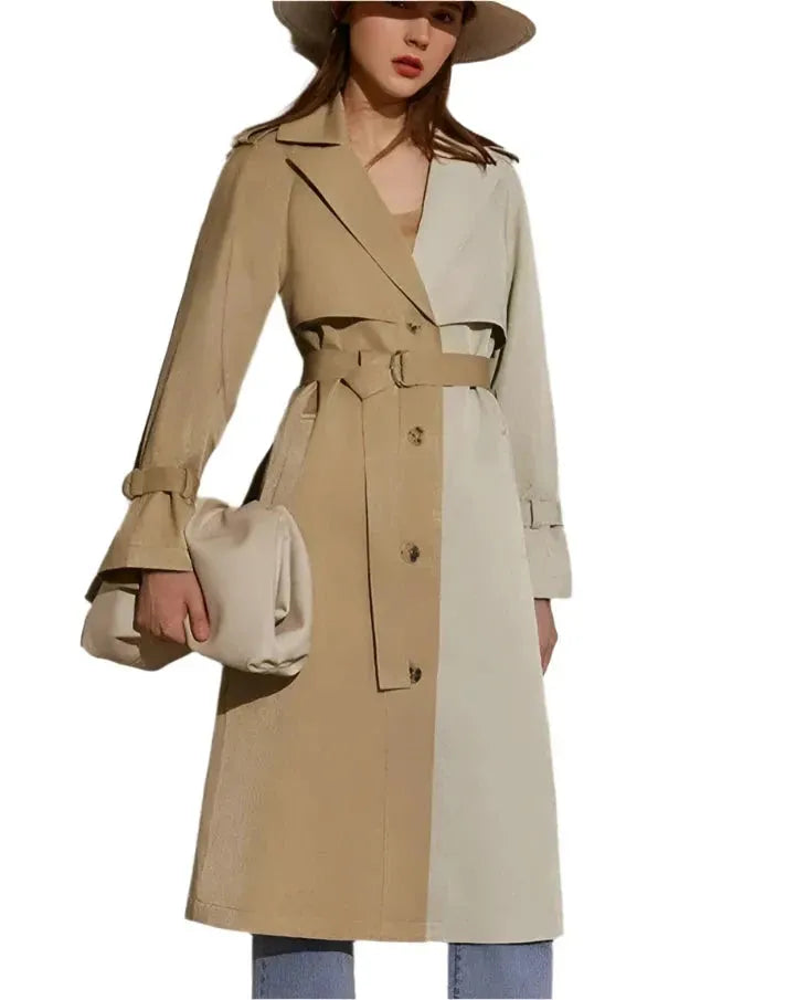 Women's Lapel Patchwork Trench Coat Wool Cashmere Tweed