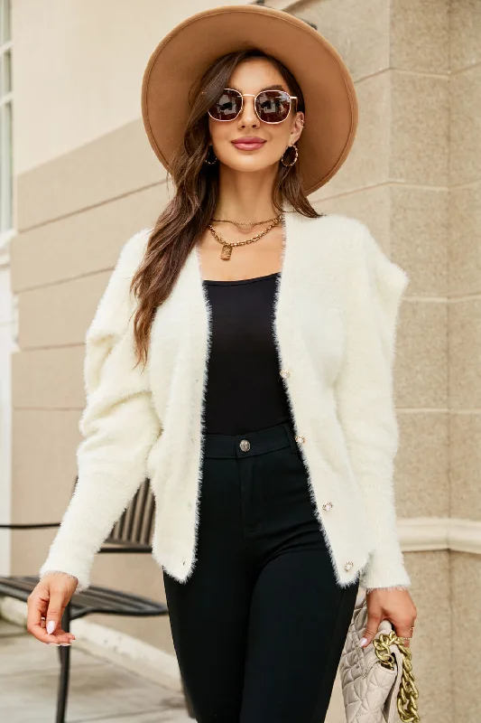 Puff Sleeve V-Neck Fuzzy Cardigan Lightweight Heavyweight Midweight
