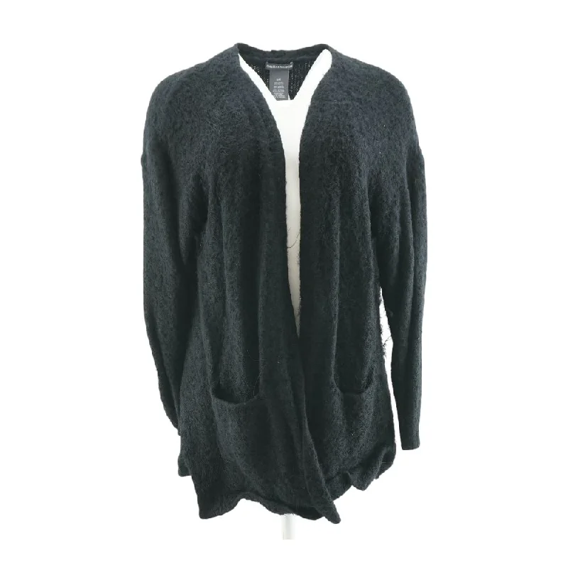 Black Solid Cardigan Sweater Terry Terry Cloth Terry Knit