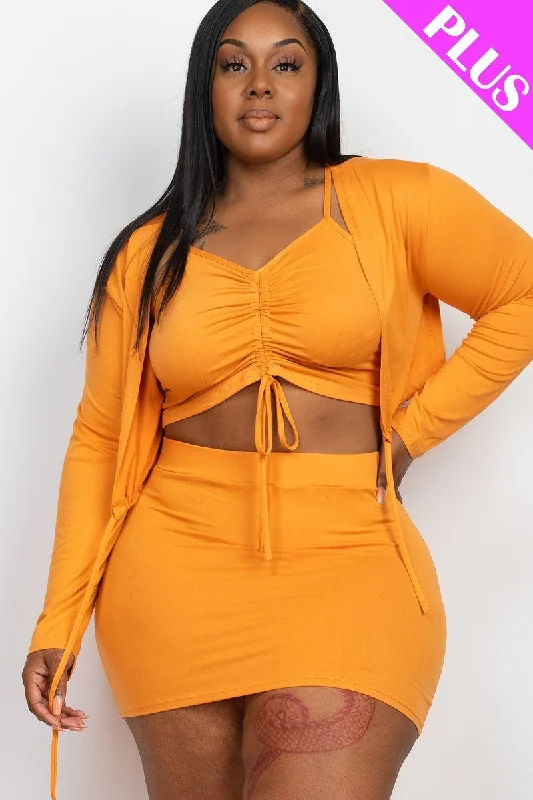 Plus Size Ruched Drawstring Cami Top & Skirt Set With Cardigan Anti-Pilling Anti-Shrink Durable Plus Size Ruched Drawstring Cami Top & Skirt Set With Cardigan Anti-Pilling Anti-Shrink Durable
