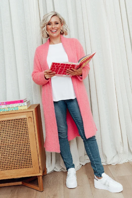 Mia Candy Pink Long Cardigan Wool Cardigan Cotton Cardigan Cashmere Cardigan