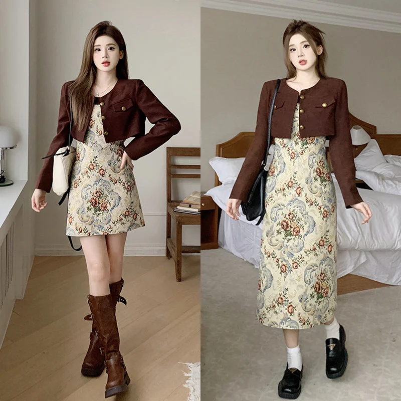 Oversized Early Autumn Vintage Embroidery Print Strap Dress Short Coat Set LL-615 Jersey Tulle Batik