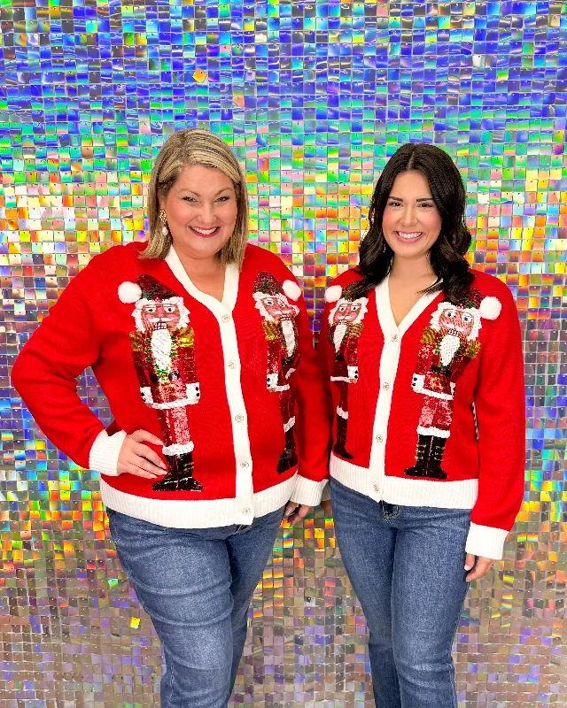 FINAL SALE Queen of Sparkles Santa Nutcracker Cardigan - Red Print Jacquard Patchwork FINAL SALE Queen of Sparkles Santa Nutcracker Cardigan - Red Print Jacquard Patchwork