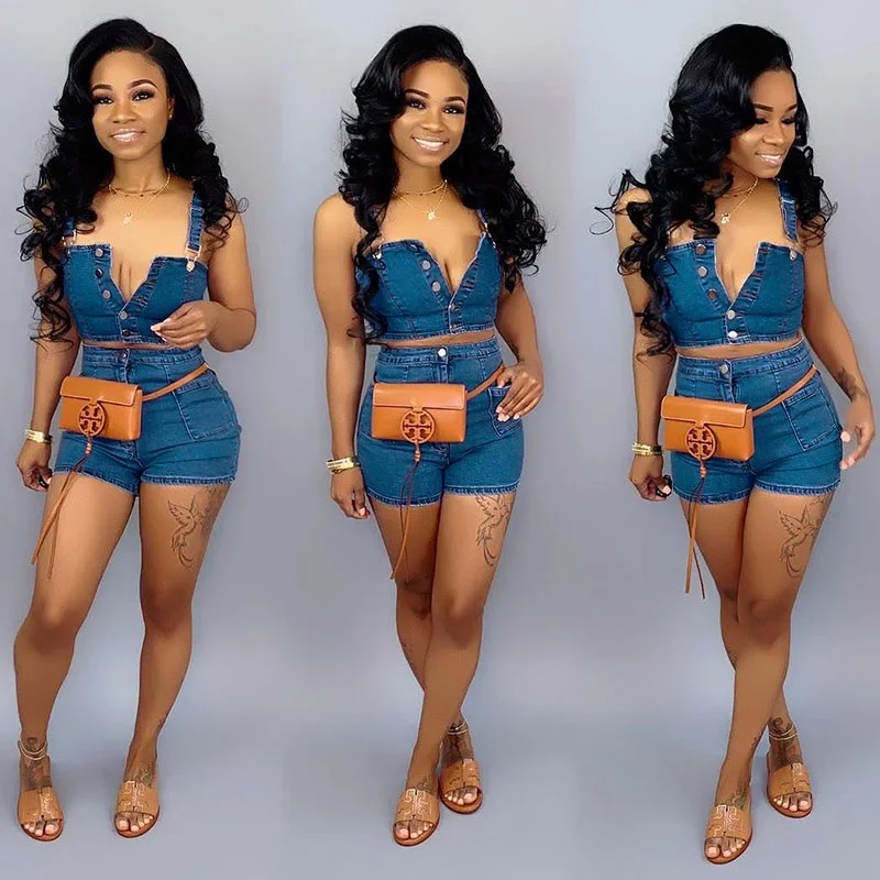 Women Sexy Single-Breasted Denim Tank Top And Shorts Two-Piece Sets grey tank top