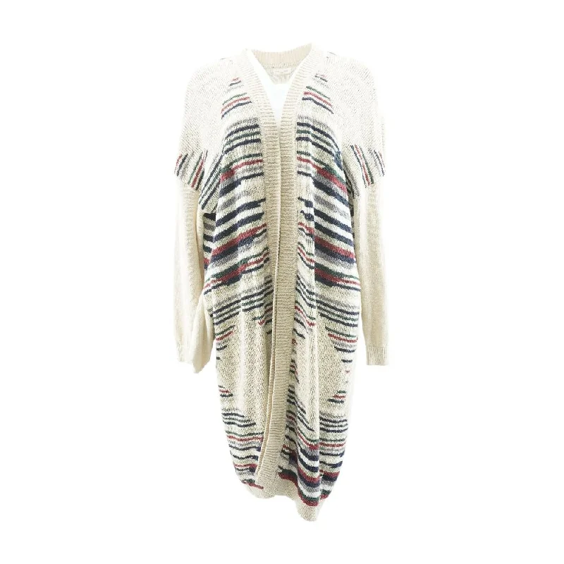 Tan Striped Cardigan Sweater Patchwork Embroidered Appliqued