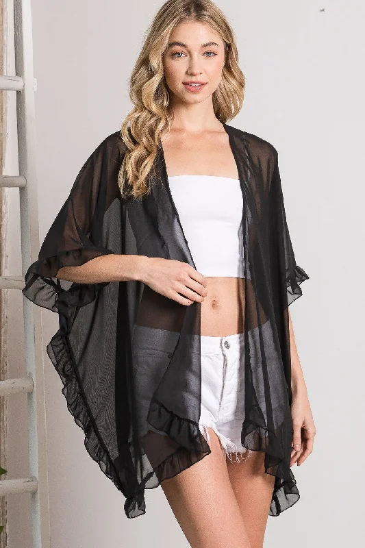 Lightweight Sheer Shawl Cardigan in Black Fitted Slim Tailored