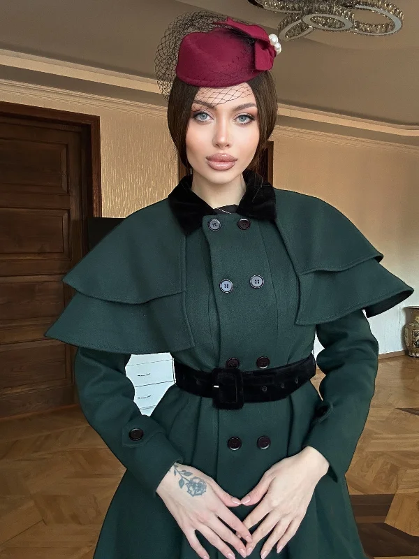 Green 1930s Double-Breasted Belted Coat With Cape Satin Silk Chiffon