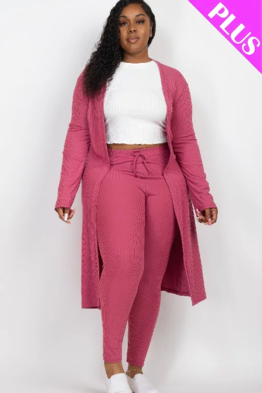 Plus Size Ribbed Long Cardigan & Leggings Set Rayon Fabric Velvet Fabric Corduroy Fabric