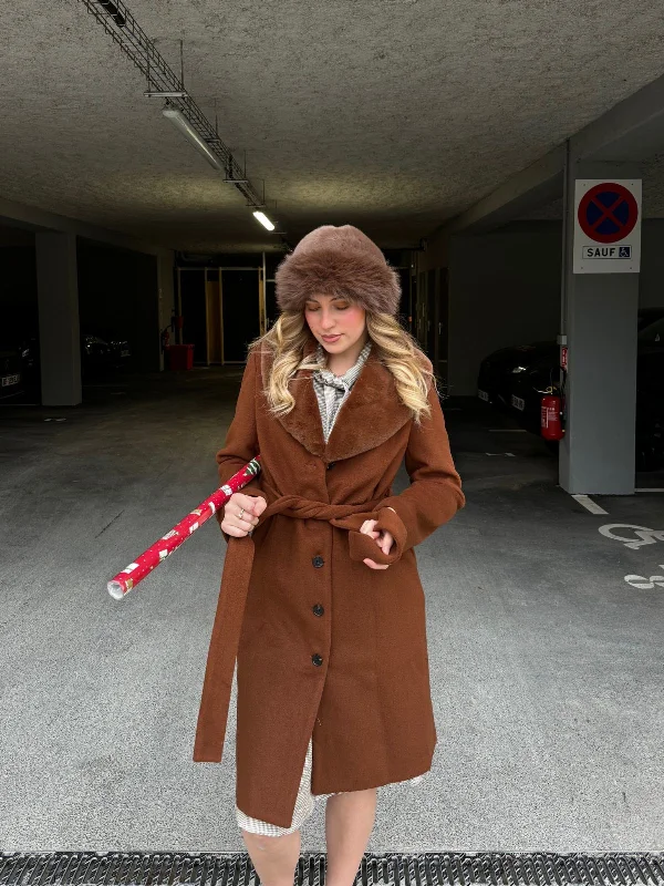 Brown 1940s Fur Collar Belted Coat Stand-Up Roll-Neck Turtle
