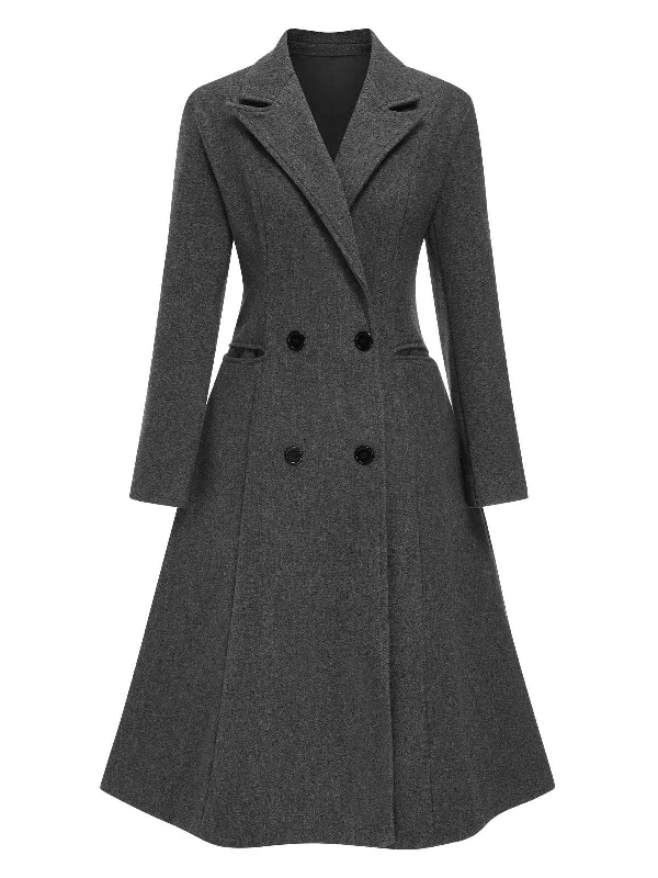 Grey 1940s Notched Lapel Faux Wool Long Coat Suede Jacket Faux Fur Jacket Puffer Jacket