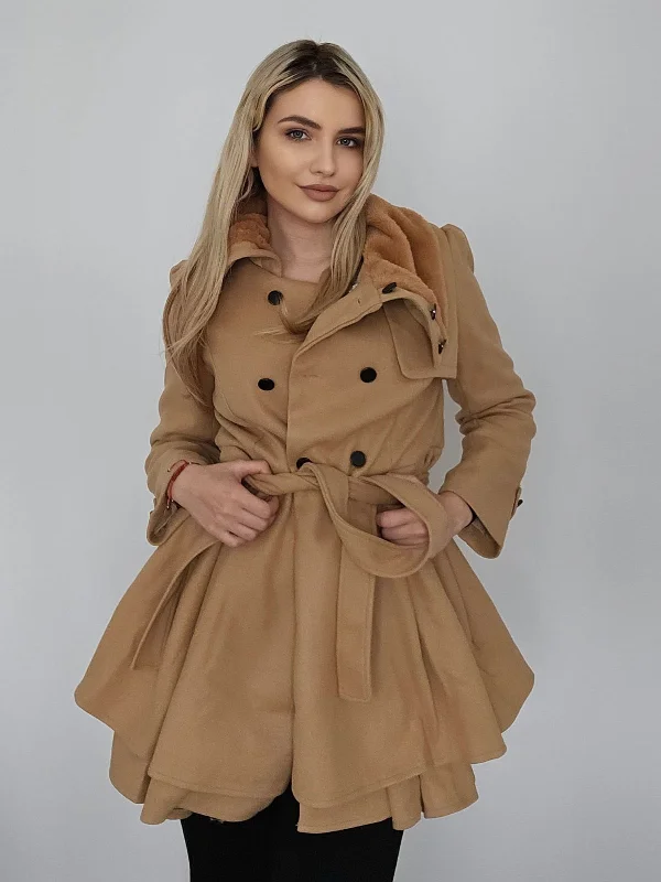 1950s Fur Collar Waisted Winter Coat Tie-Waist Belted Drawstring