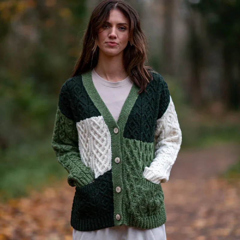 Green Nuala Patchwork Aran Cardigan Chenille Blend Fleece Blend Nylon Blend