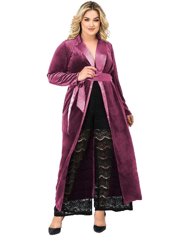 Women's Velvet Wrap Satin Belt Midi Coat Dress | ROSE Blazer Duffle Coat Pea Coat