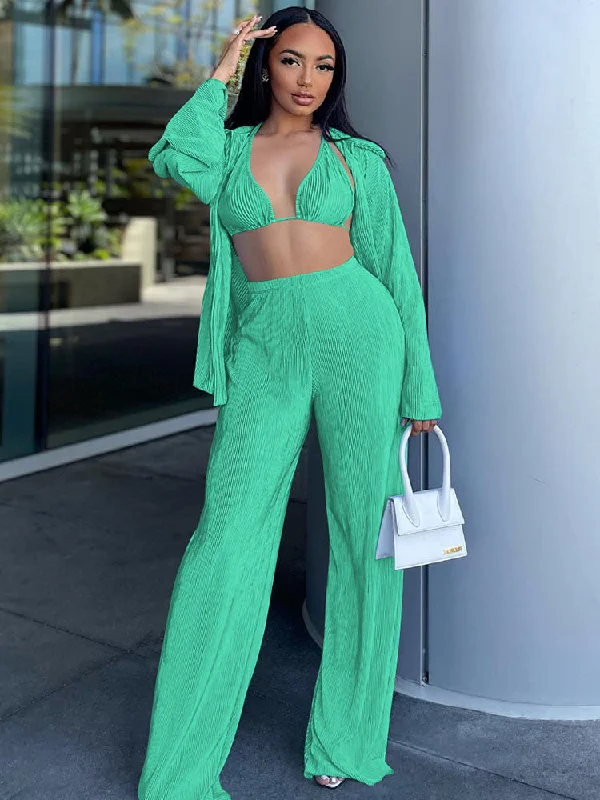 Three Piece Bra Cardigan & Wide Leg Pants Chenille Brocade Lace