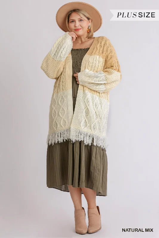 Patchwork Knitted Open Front Cardigan Sweater With Frayed Hem (Natural Mix) Layered Multi-layer Single Layer
