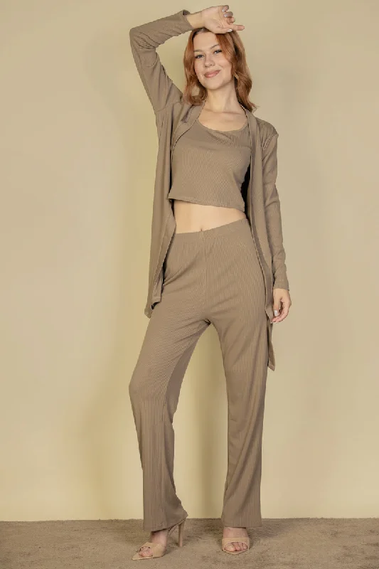 Ribbed Cami Top with Matching Pants and Long Cardigan Set Beaded Cardigan Sequined Faux Fur Ribbed Cami Top with Matching Pants and Long Cardigan Set Beaded Cardigan Sequined Faux Fur