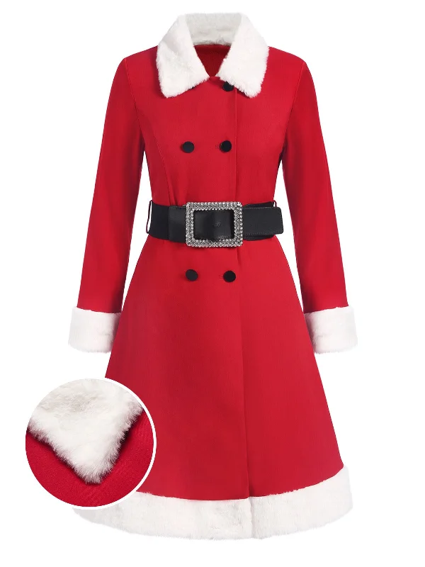 Red 1940s Plush Double-Breasted Belted Coat Blazer Duffle Coat Pea Coat