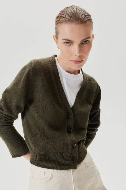 The Merino Wool Crop Cardigan Front Pockets Side Pockets Patch Pockets
