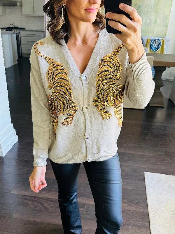 Sequin Tiger Cardigan- Oatmeal Fleece Cardigan Nylon Polyester