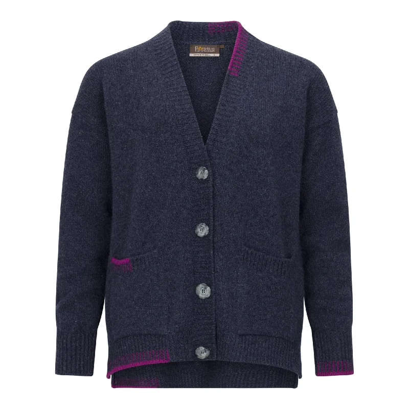 Indigo and Foxglove Blanket Stitch V Cardigan Ribbed Striped Patterned