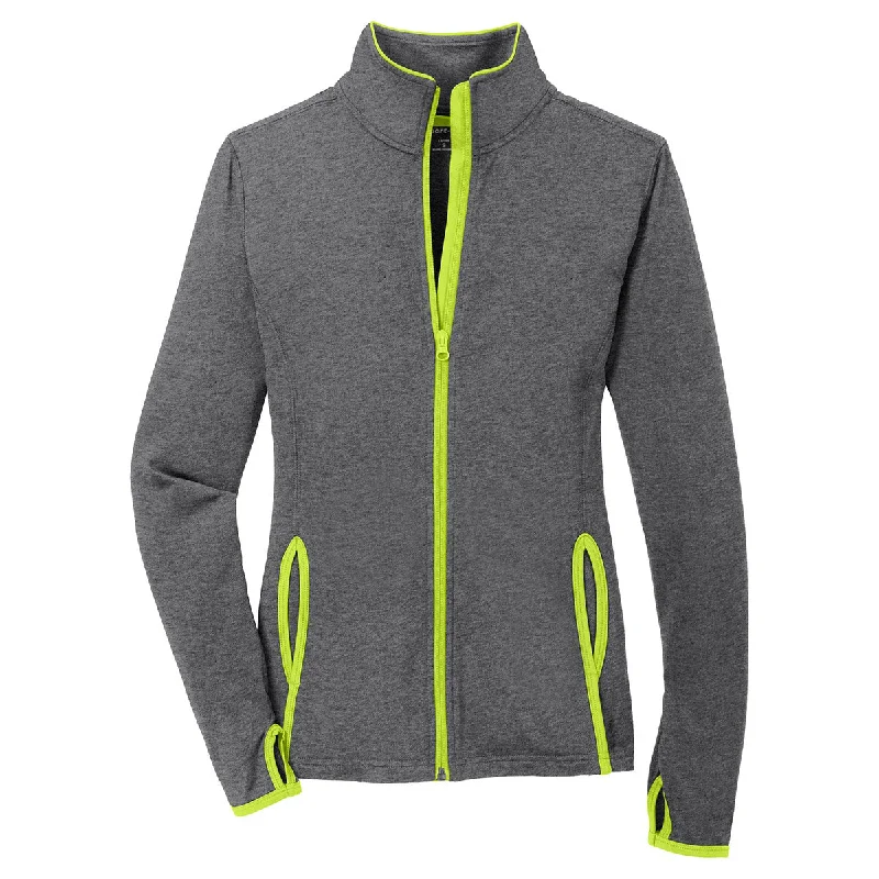 Sport-Tek Women's Charcoal Grey Heather/Charge Green Sport-Wick Stretch Contrast Full-Zip Jacket Denim Fabric Leather Fabric Suede Fabric Sport-Tek Women's Charcoal Grey Heather/Charge Green Sport-Wick Stretch Contrast Full-Zip Jacket Denim Fabric Leather Fabric Suede Fabric
