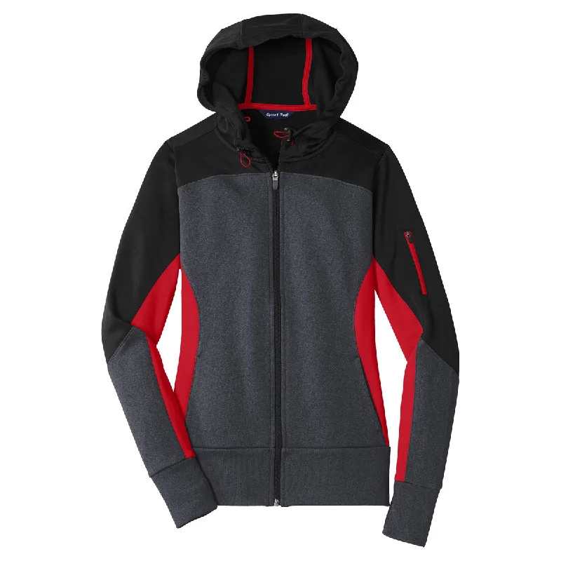 Sport-Tek Women's Black/Graphite Heather/True Red Tech Fleece Colorblock Full-Zip Hooded Jacket Zippered Jacket Buttoned Jacket Snapped Jacket Sport-Tek Women's Black/Graphite Heather/True Red Tech Fleece Colorblock Full-Zip Hooded Jacket Zippered Jacket Buttoned Jacket Snapped Jacket
