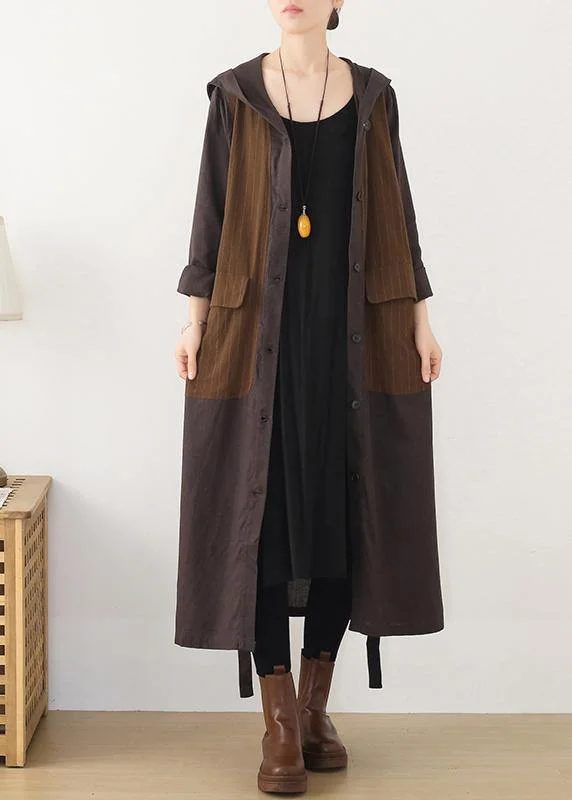 Beautiful hooded Plus Size striped trench coat chocolate cotton women coats Hooded Caped Scarf