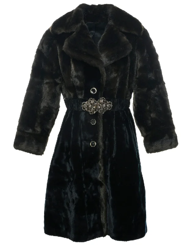 Black Faux Fur Coat - L Zip Front Button Front Snap Front