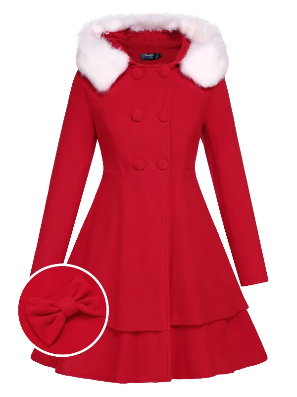 1940s Solid Removable Fur Collar Dress Coat Raincoat Turtleneck Coat Wrap Coat