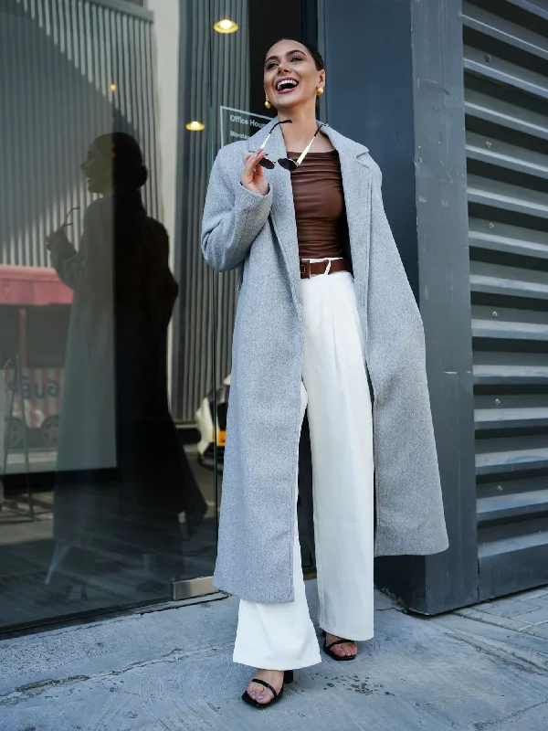 Muse Long Coat - Grey Herringbone Houndstooth Plaid