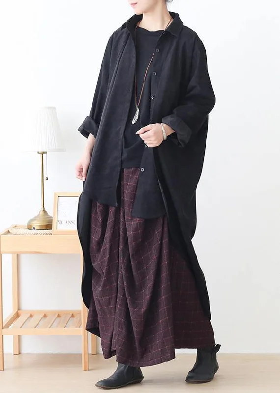 French black fine trench coat Sewing lapel low high design outwears Asymmetrical Diagonal princess