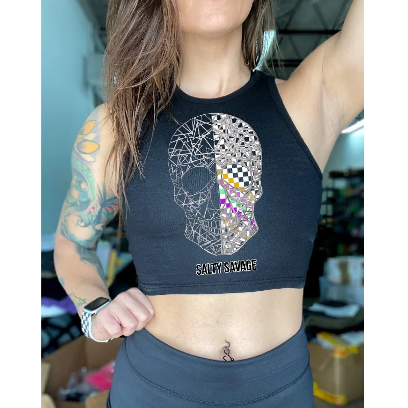 Salty Savage Ladies “Spliced Checkered Geo Skull” High Neck Sleeveless Crop Tank | Multi-Colored halter tank top