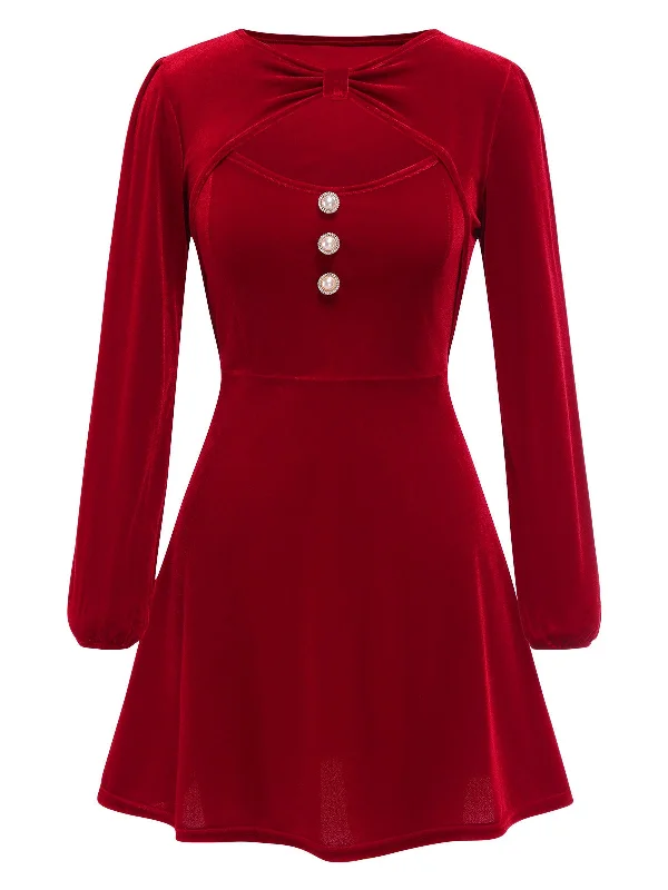 2PCS Red 1950s Velvet Straps Dress & Short Coat Pockets Sleeves Lining