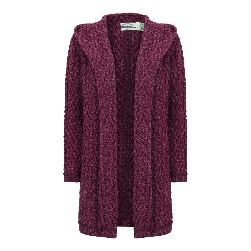 Purple Aran Cardigan with Hood Collared Crew Neck Turtle Neck