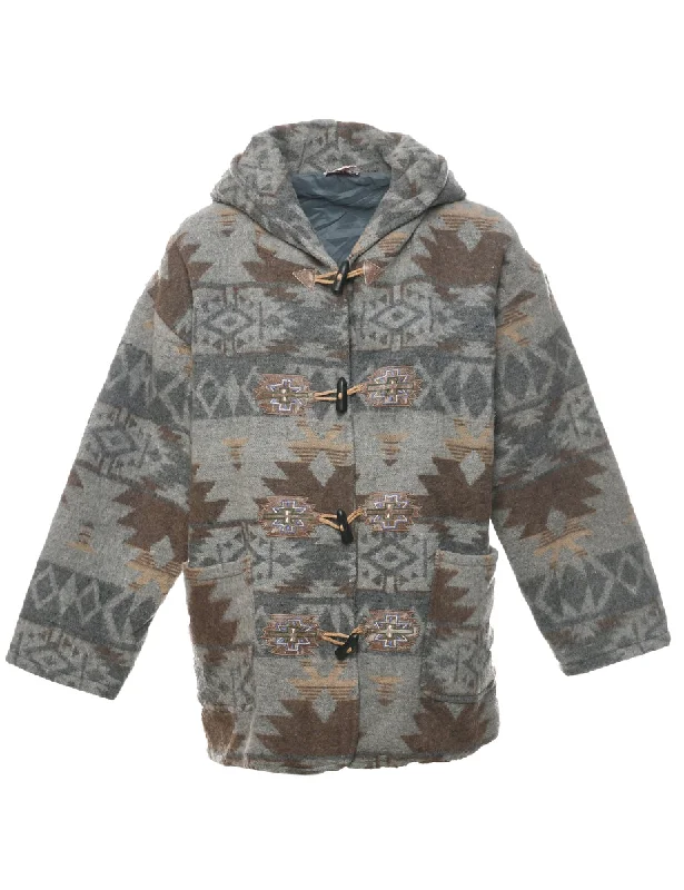 Aztec Print Duffle Coat - L Buttoned Toggled Snapped