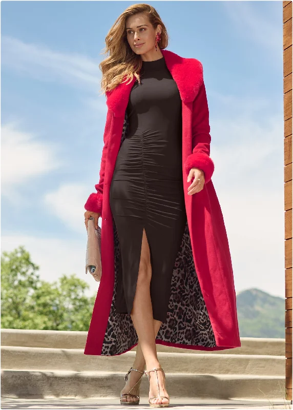 Faux Wool A-Line Glam Coat - Red Tweed Herringbone Houndstooth