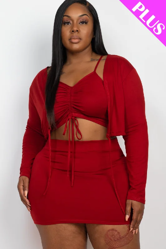 Plus Size Ruched Cami Top and Mini Skirt Set with Drawstring and Cardigan Plaid Cardigan Polka Dot Checkered Plus Size Ruched Cami Top and Mini Skirt Set with Drawstring and Cardigan Plaid Cardigan Polka Dot Checkered