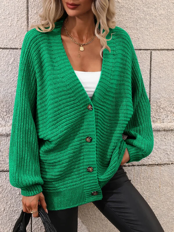 Button Down Horizontal-Ribbing Longline Cardigan Soft Cozy Warm